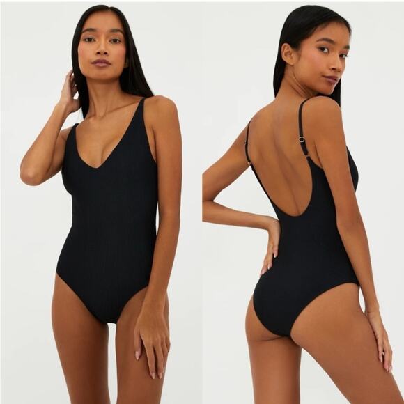 Beach Riot Reese Ribbed v Neck One Piece Low Back Swimsuit Black XL - Picture 1 of 7
